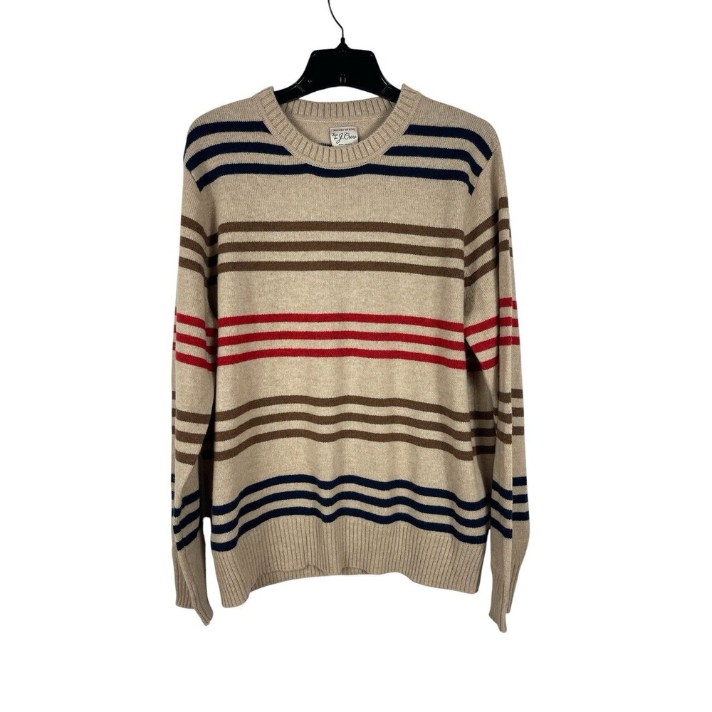 J.Crew Rugged Merino Wool Sweater Mens L Striped Oatmeal Navy Red Preppy